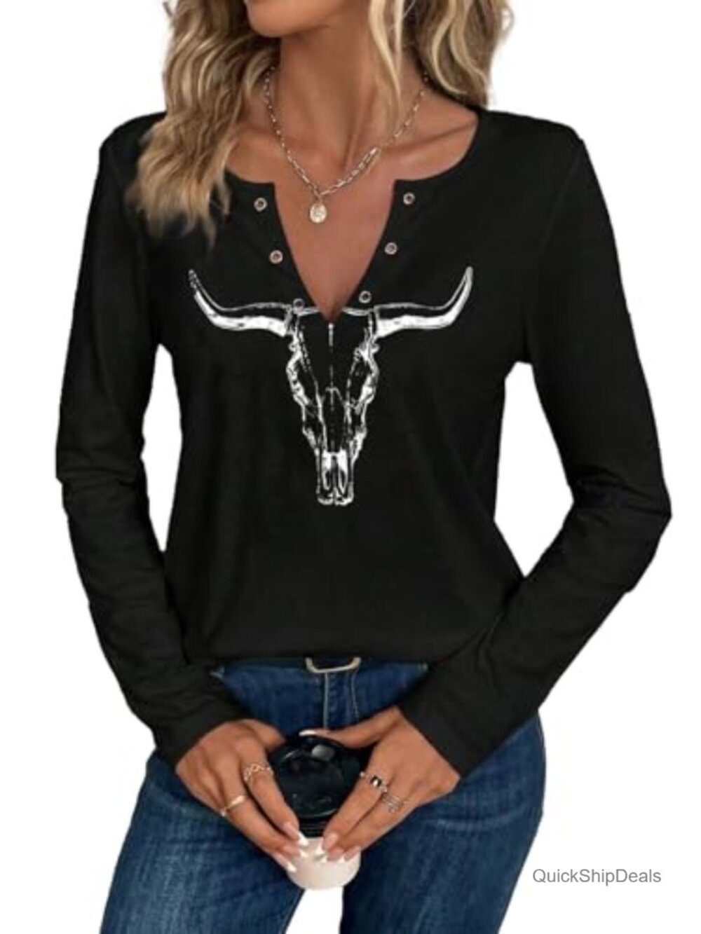 Western Cowgirl Graphic Tee Notch Neck Long Sleeve Rodeo Concert Top